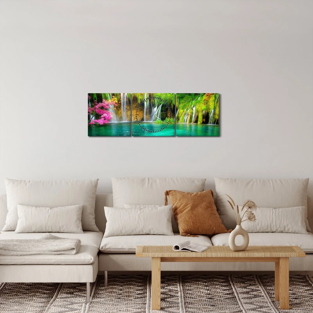 Obraz - Vodopád, Plitvické jazerá, Chorvátsko (s hodinami) (90x30 cm)