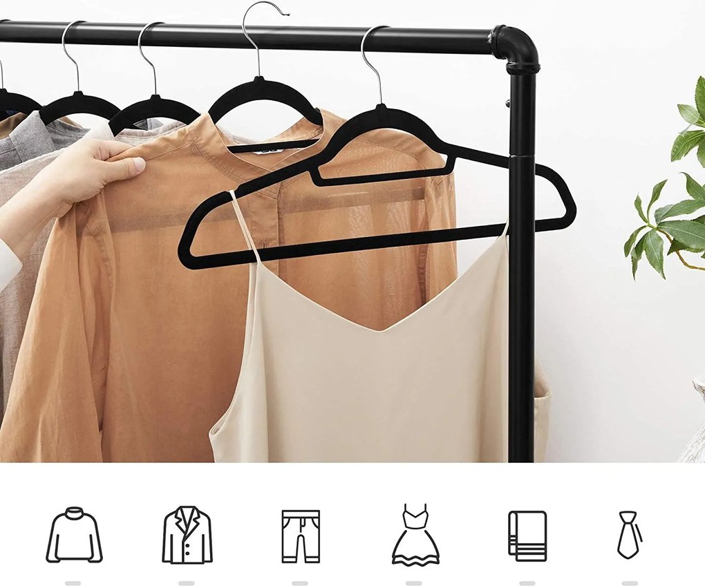 Ultra tenké zamatové vešiaky, 50 ks, čierne