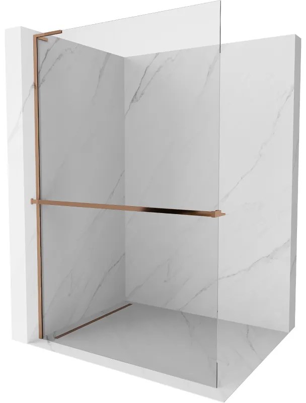 Mexen Kioto+ L, sprchová zástena Walk-In s poličkou a vešiakom 55 x 200 cm, 8mm číre sklo, ružové zlato profil, 800-055-123-60-00