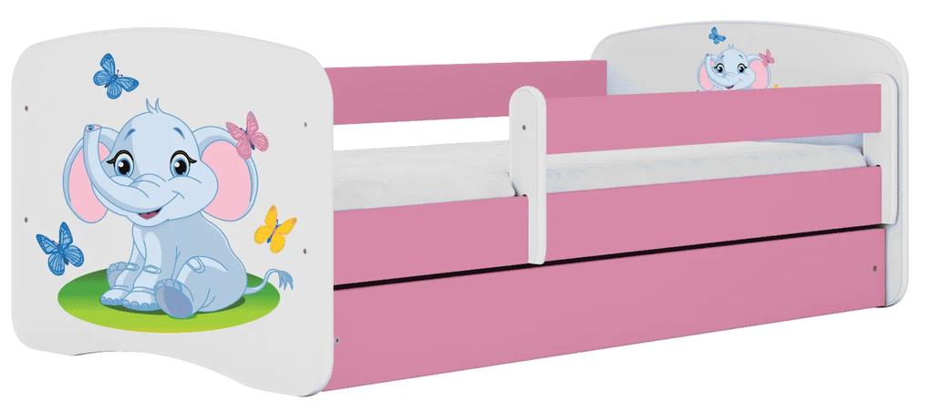 Letoss Detská posteľ BABY DREAMS 140/70- Sloník Ružová S matracom S uložným priestorom