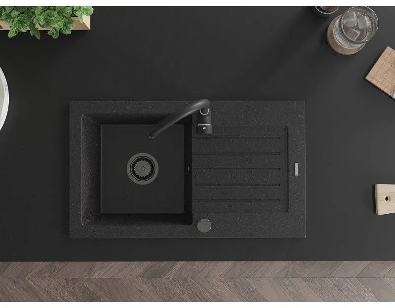 Mexen Pablo, granitový drez 752x436x161 mm, 1-komorový a čierna batéria Telma, čierna-strieborná metalíza, 6510-73-670200-70-B