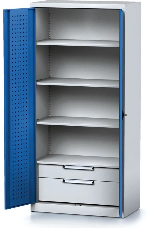 Policová dielenská skriňa 2-dverová MECHANIC, 3 police, 2 zásuvky, 920 x 500 x 1950 mm, modré dvere