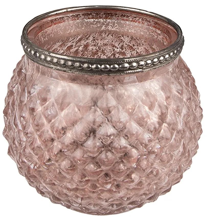 Ružový sklenený svietnik na čajovú sviečku s ozdobným okrajom - Ø10*9 cm