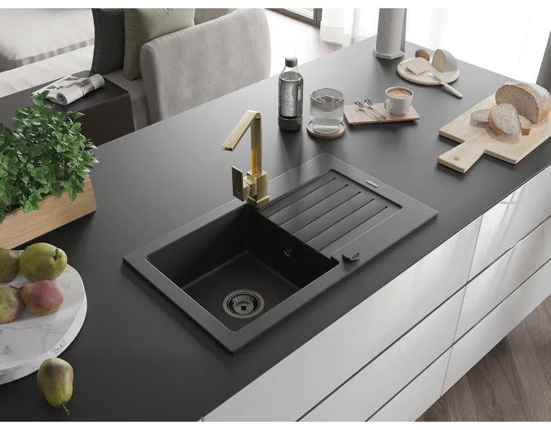 Mexen Pablo, granitový drez 752x436x161 mm, 1-komorový a zlatá batéria Rita, čierna, 6510-77-670300-50-B