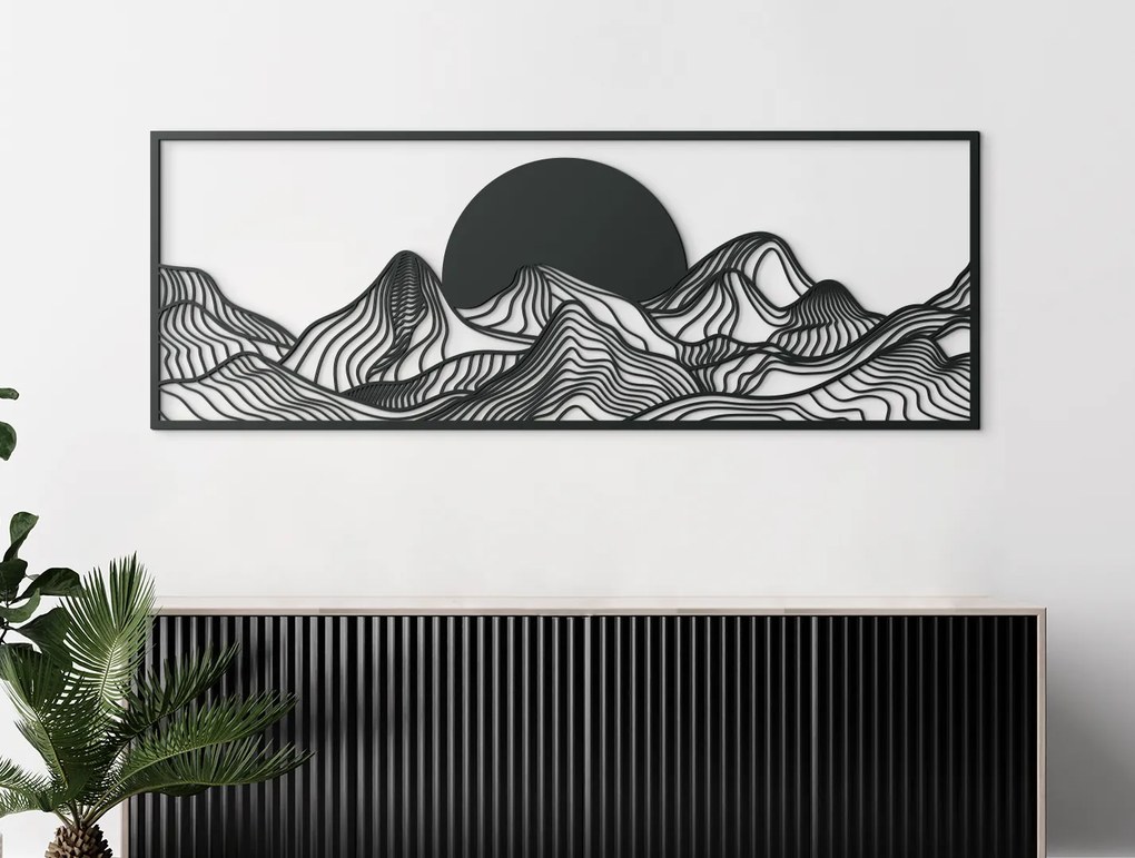drevko Široký obraz Západ slnka za horami Rozmer obrazu: 32 x 89 cm, Farba dekorácie: Čierna