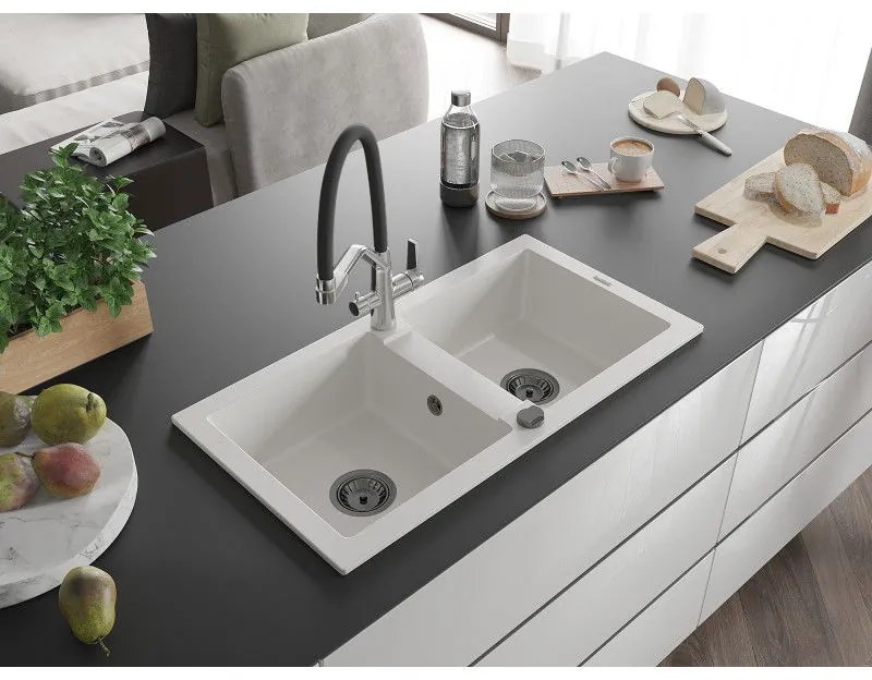 Mexen Mario, granitový drez 820x436x161 mm, 2-komorový a drezová batéria Duo, biela, 6504-20-671701-07-B