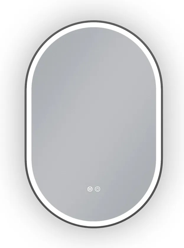 Erga Gwen, oválne LED zrkadlo 60x90cm v čiernom kovovom ráme, 3 farby svetla, predné osvetlenie, vyhrievacia podložka proti zapareniu, ERG-V01-GWEN-6090-BK