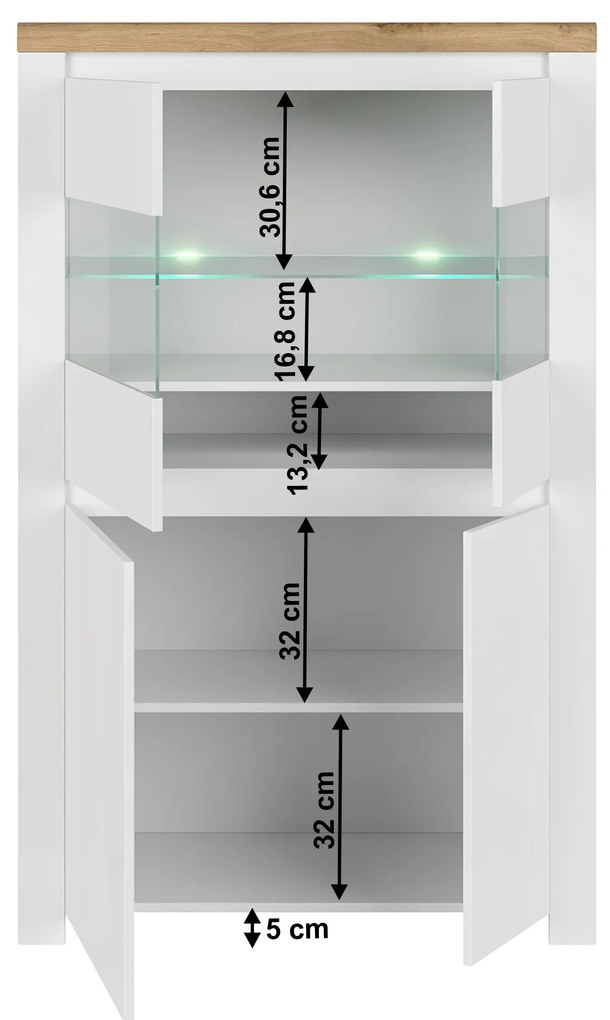 Kondela Vitrína 2D2W, biely lesk/dub wotan, VILGO