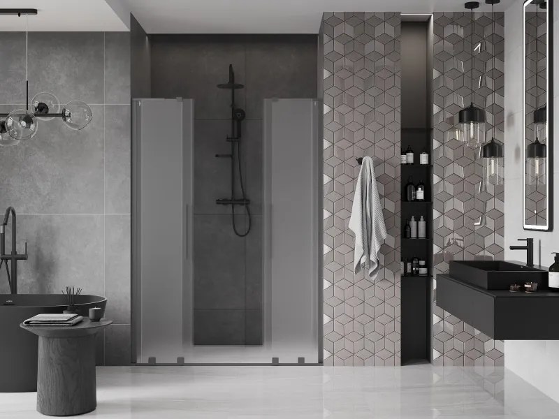 Mexen Velar L Duo, posuvné sprchové dvere do otvoru 140 cm, 8mm sklo námraza, brúsený grafit, 871-140-003-32-95