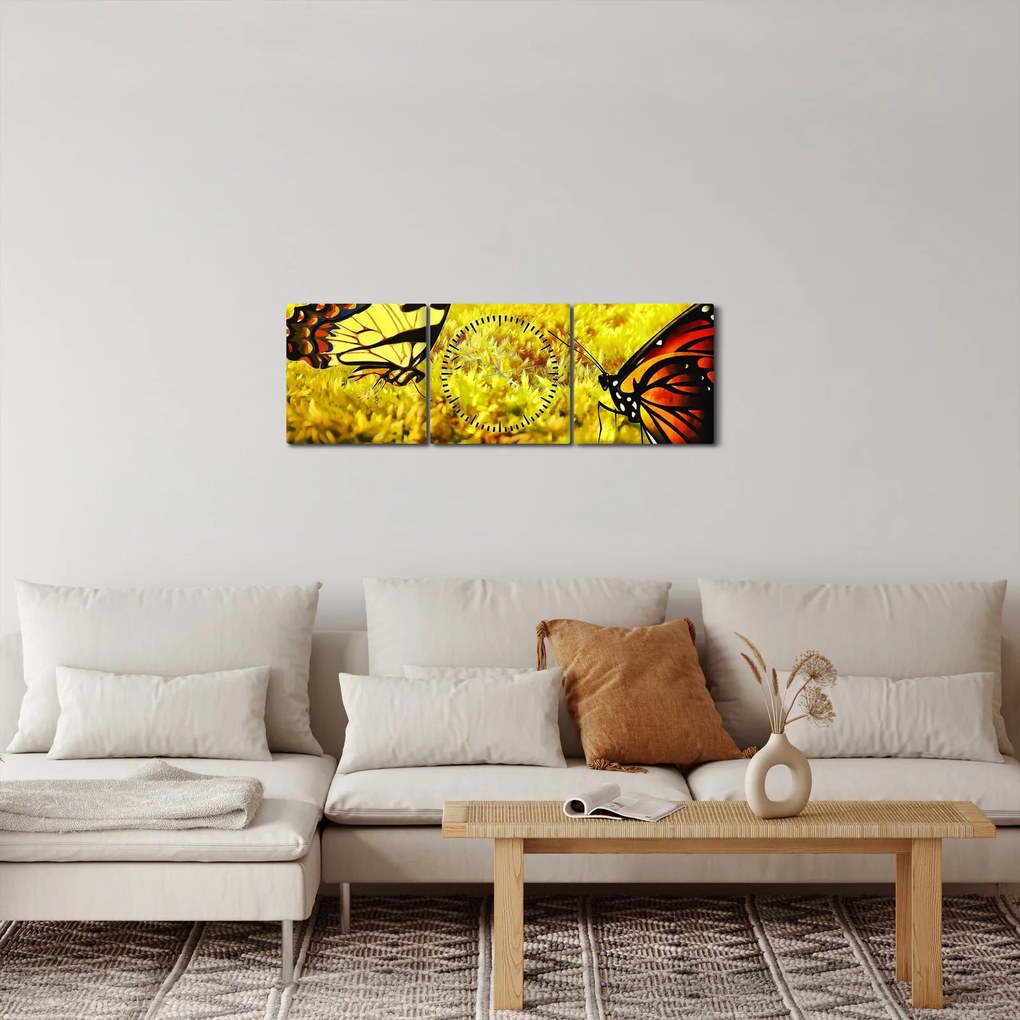 Obraz motýľov (s hodinami) (90x30 cm)