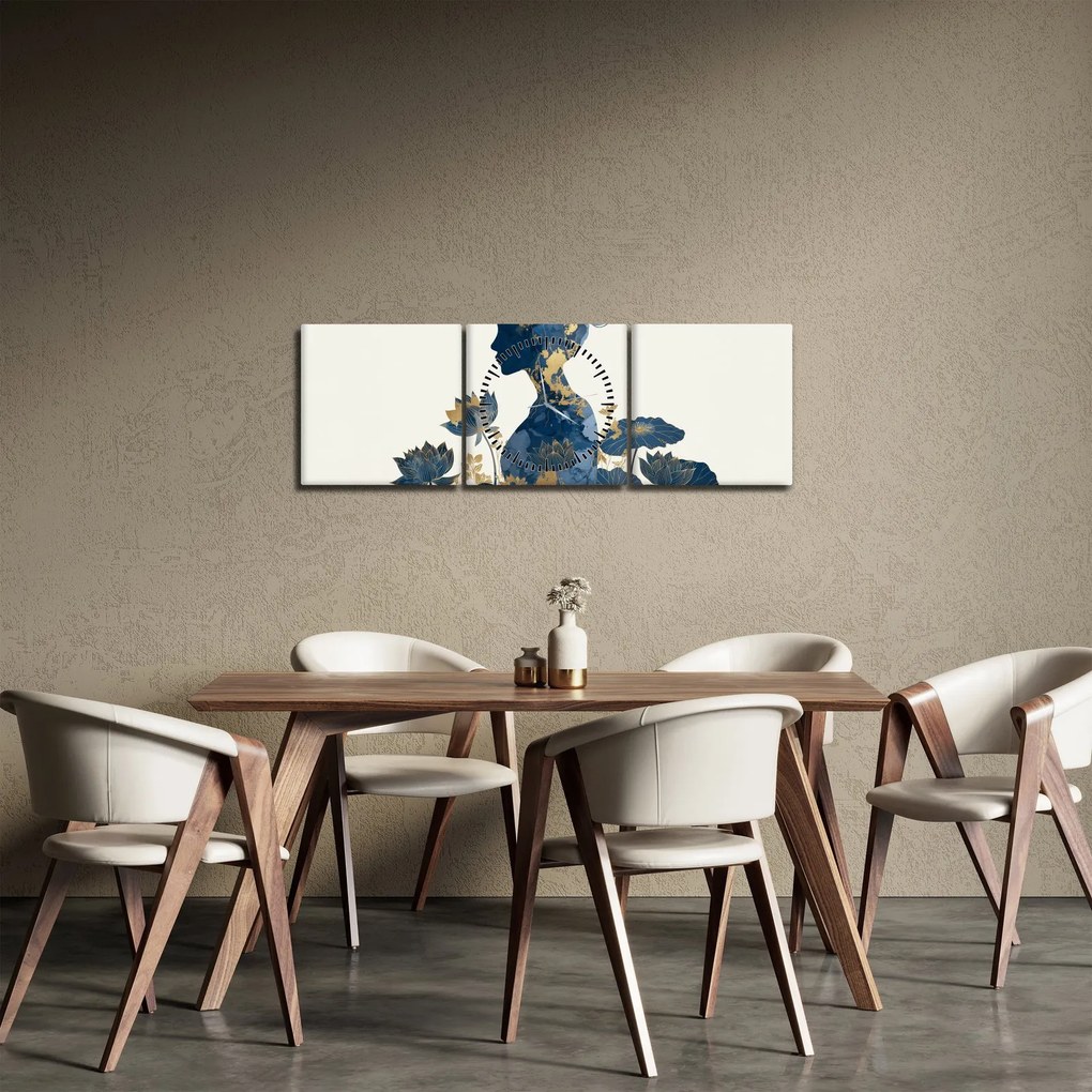 Obraz - Mramorový profil ženy (s hodinami) (90x30 cm)