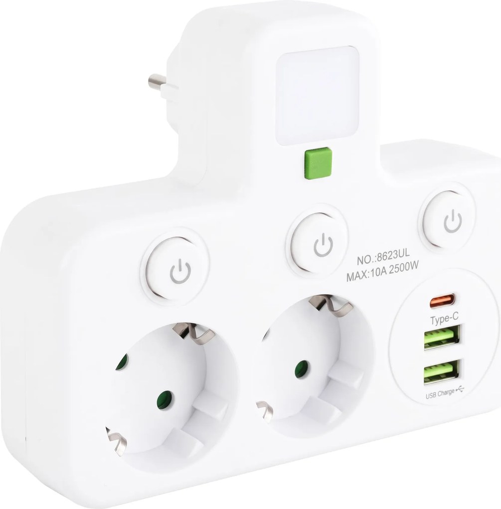 Toolight Toolight, JNH017, zásuvkový rozbočovač 2 zásuvky + 2× USB-A + USB-C s LED svetlom, biela, OSW-56309