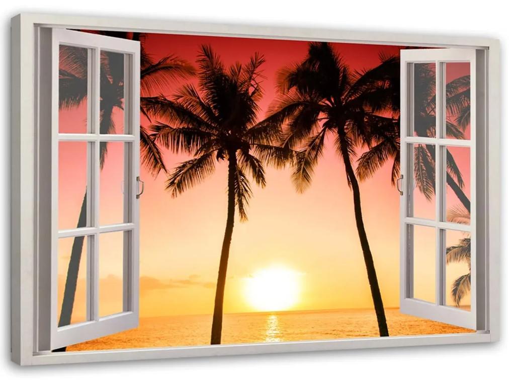 Obraz na plátně Výhled z okna na palmy při západu slunce - 100x70 cm