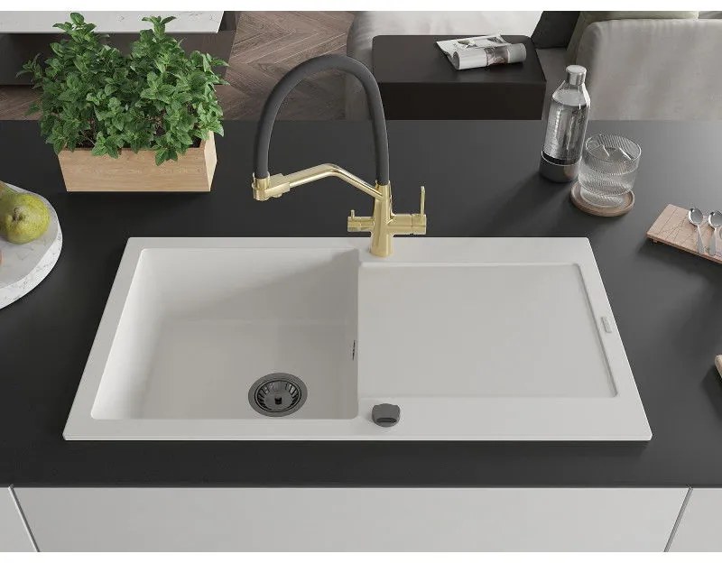 Mexen Leo, 1-komorový granitový drez 900x500x190 mm a drezová batéria Duo, biela, 6501-20-671701-57-B