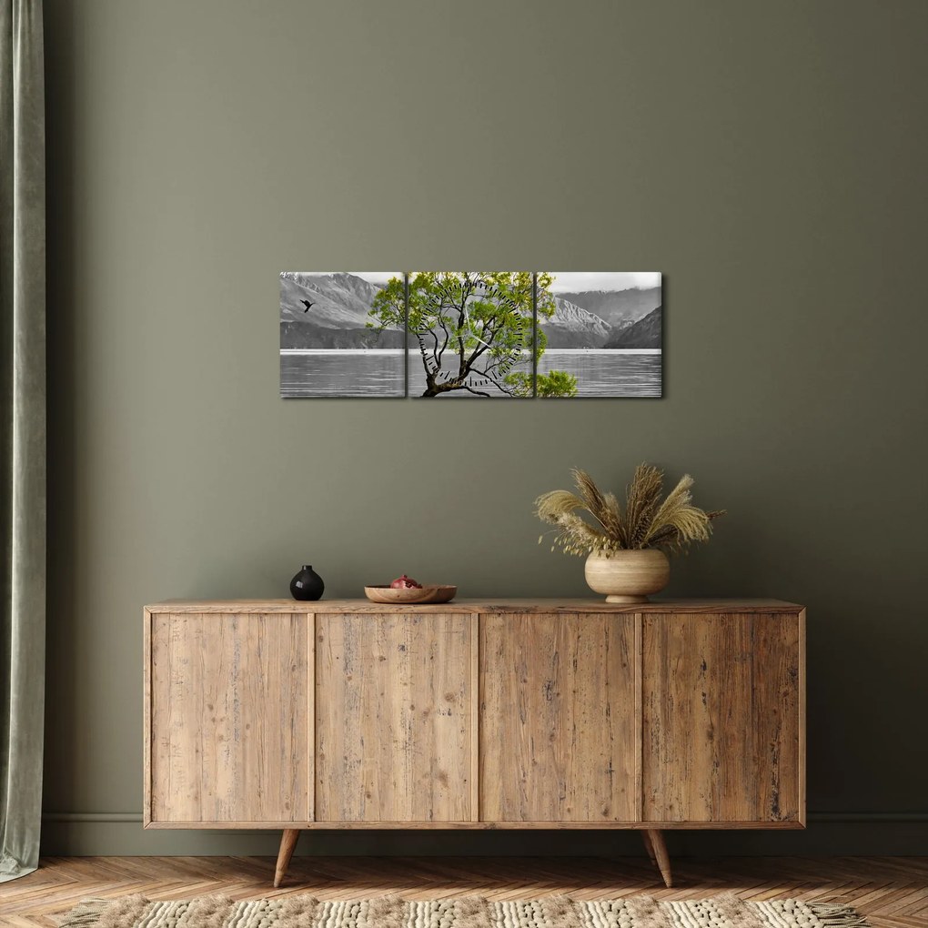 Obraz stromu uprostred jazera (s hodinami) (90x30 cm)