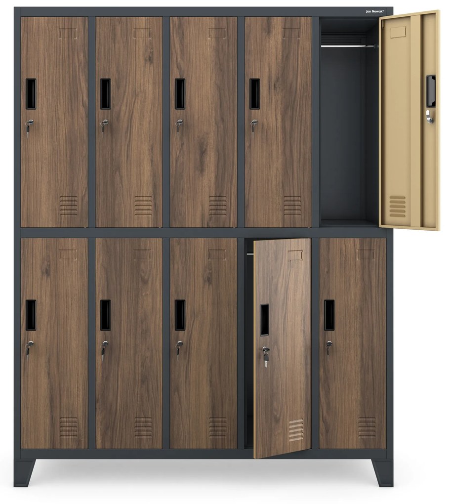 Kovová šatňová boxová skriňa na nôžkach s 10 boxami BARTEK, 1360 x 1720 x 450 mm, Eco Design: antracitová/ dub sonoma