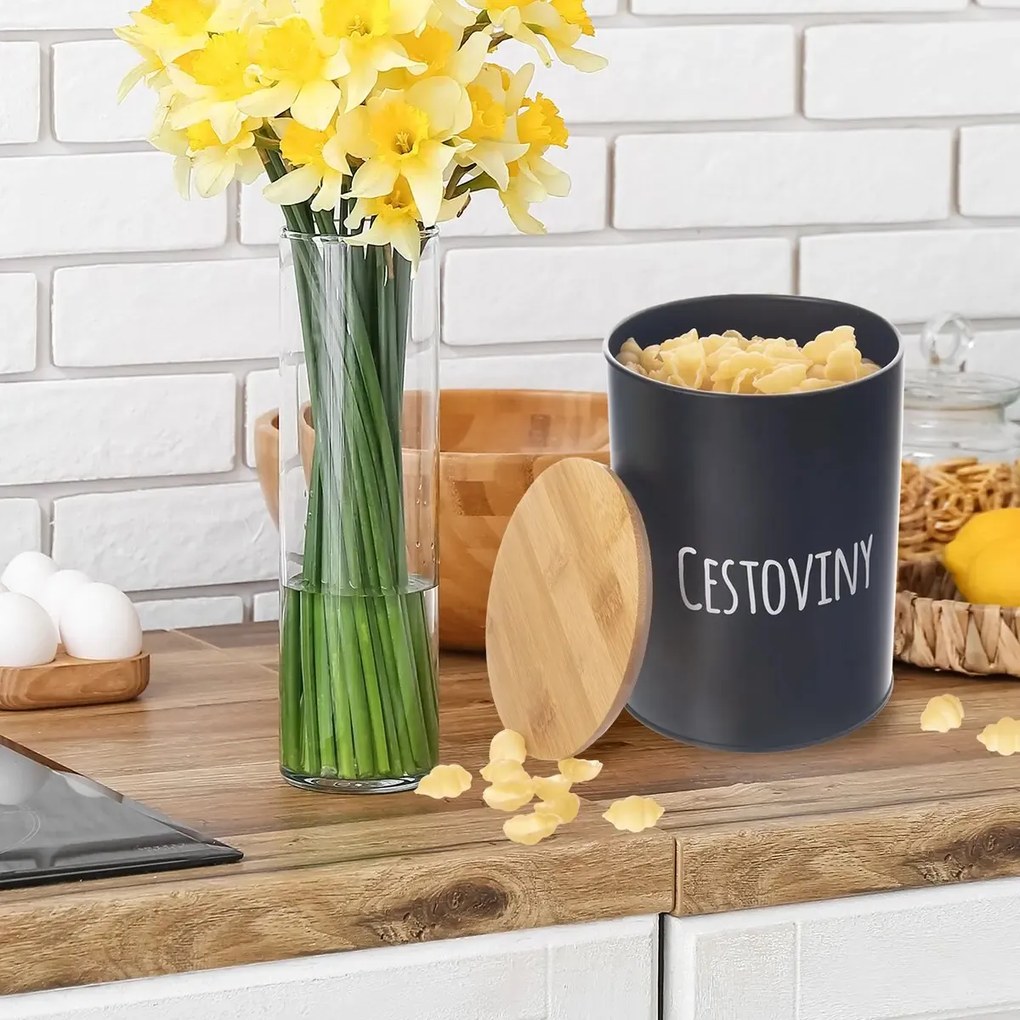 Orion Dóza na potraviny, plechová, čierna, s bambusovým vekom, 2,3l, Cestoviny SK