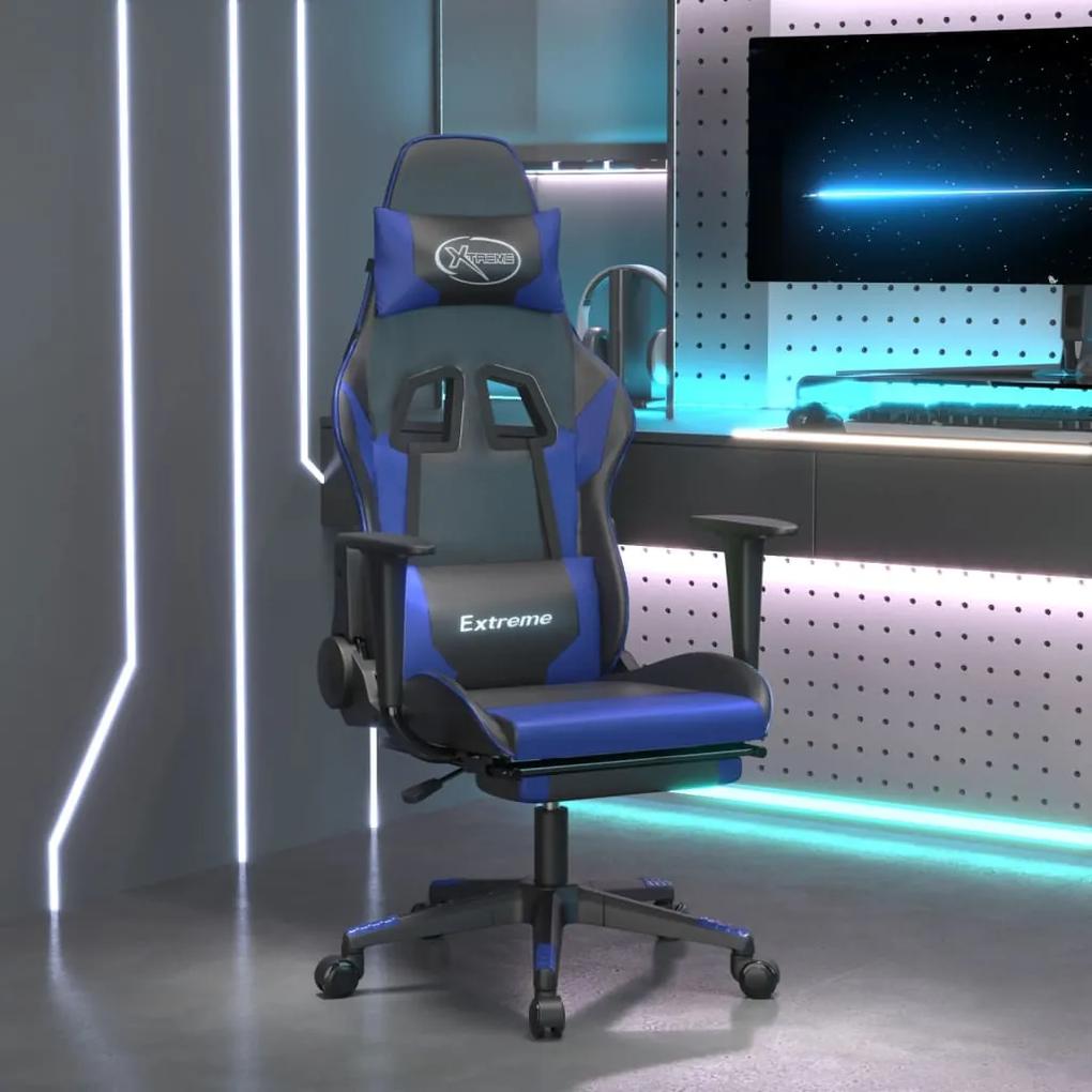 Masážna herná stolička s podnožkou čierna a modrá umelá koža
