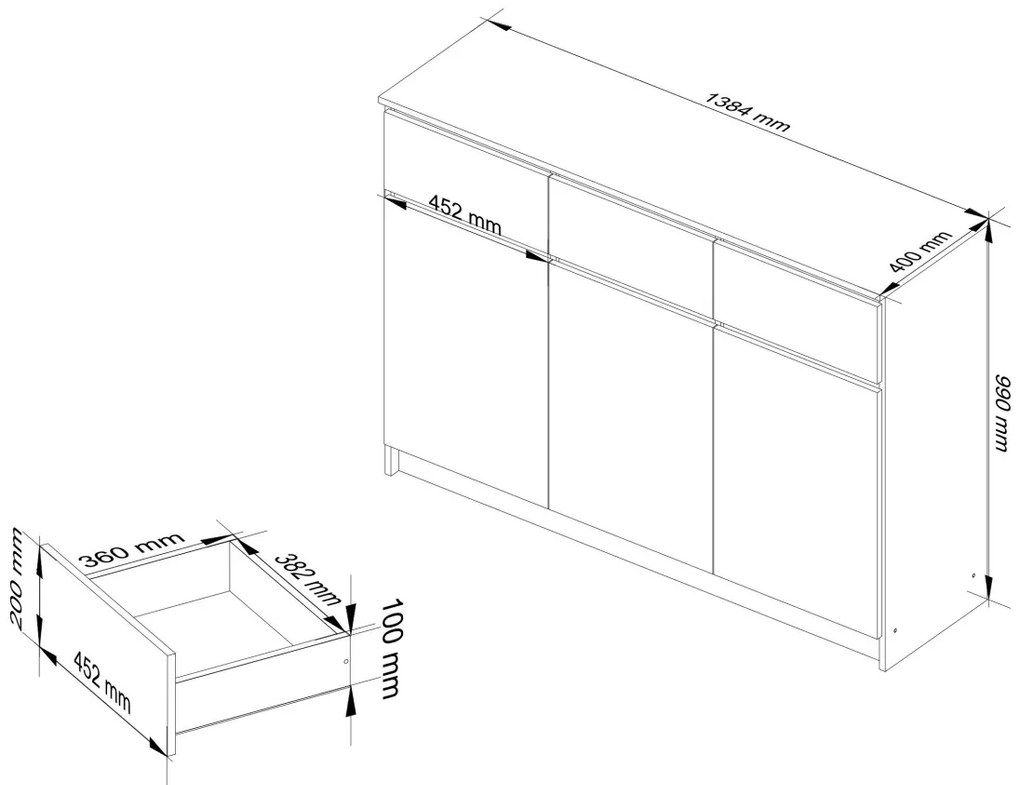 Komoda Karolína 140 cm 3 skrinky a 3 zásuvky biela/čierna