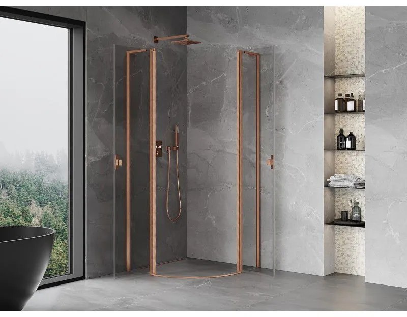 Mexen Mist L, štvrťkruhový sprchový kút s 2-krídlovými dverami, 80 x 80 cm, 8mm číre sklo, medený profil, 8A32L-080-080-65-00