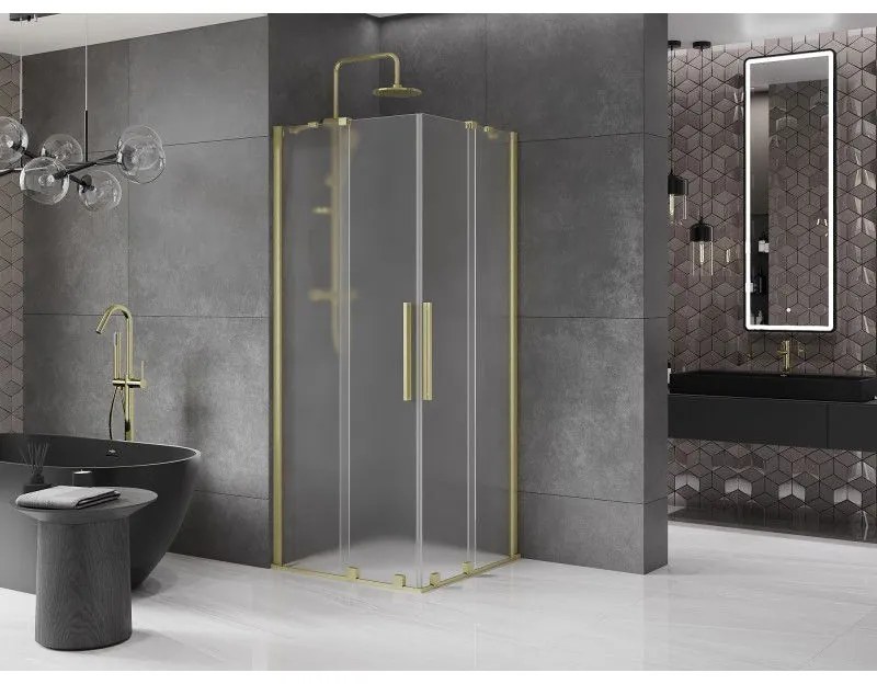 Mexen Velar Duo, sprchový kút s posuvnými dverami 80 x 80 cm, 8mm sklo námraza, zlatá matná, 871-080-080-32-55