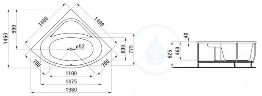 LAUFEN Solutions Vaňa, 1400 mm x 1400 mm, biela – štandardné vyhotovenie H2425070000001