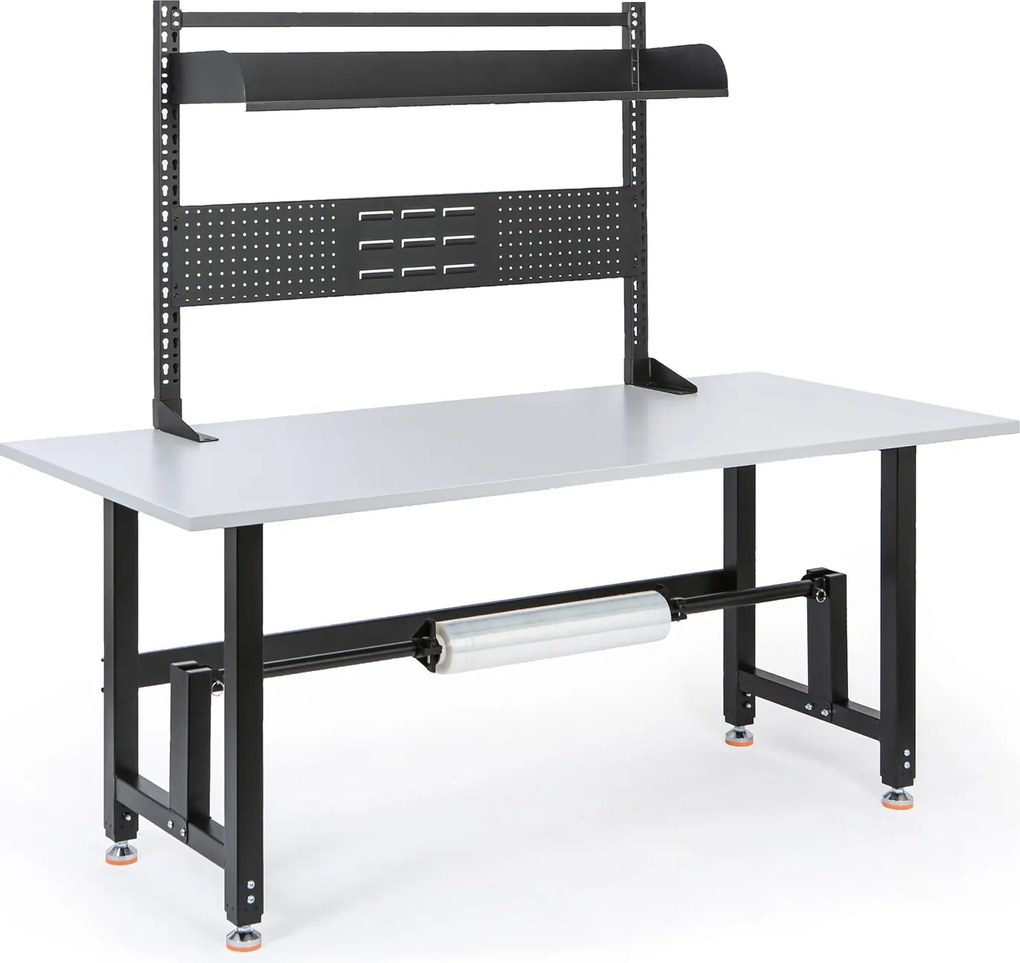 Výškovo nastaviteľný baliaci stôl PROFI, 1800 × 800 × 790–940 mm s s nadstavbou a držiakom role