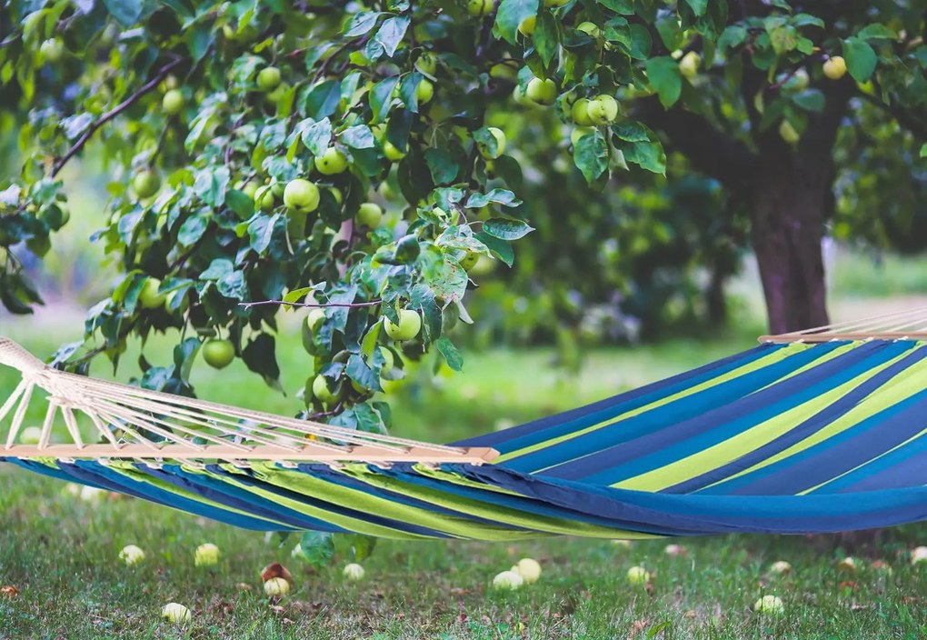 Bluegarden, závesná hojdacia sieť s drevenou oporou pre 2 osoby 150x210cm Hammock 400257A, modrá, OGR-09017