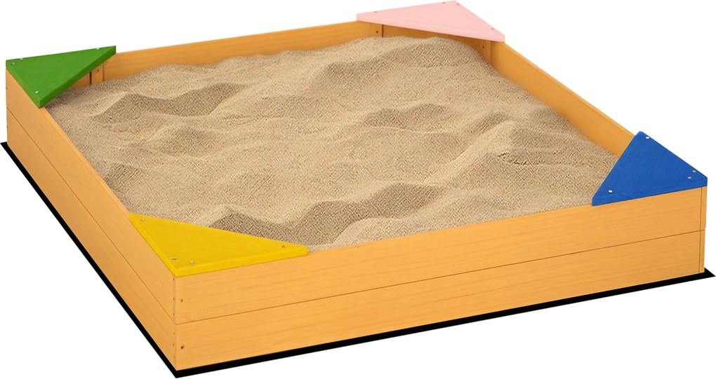 Detský drevený pieskovisko Outsunny pre deti štvorcové od 3 do 8 rokov s netkanou textíliou a 4 miestami pre záhradu, terasu alebo patio 109x109x19,8
