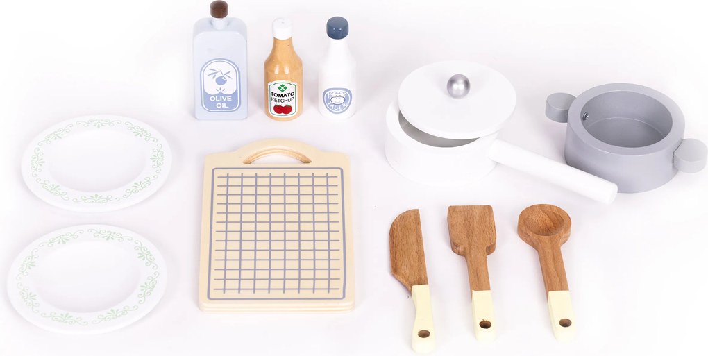 Detská kuchynka ECOTOYS drevená s rúrou, mikrovlnkou, práčkou a 12 doplnkami