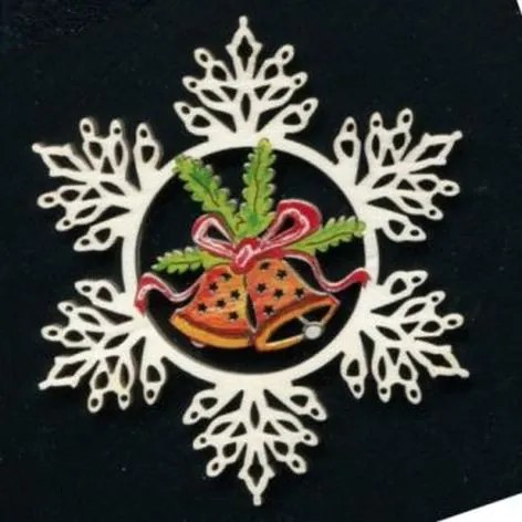 AMADEA Drevená ozdoba farebná vločka so zvončekmi 9 cm