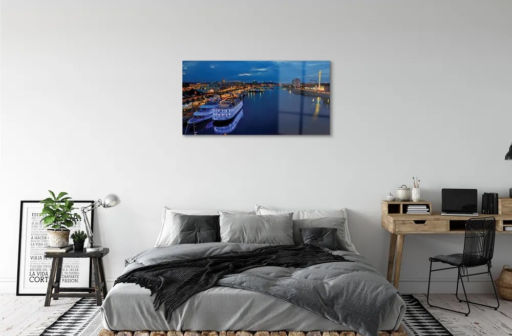 Obraz plexi Loď mora mesto na nočnej oblohe 100x50 cm