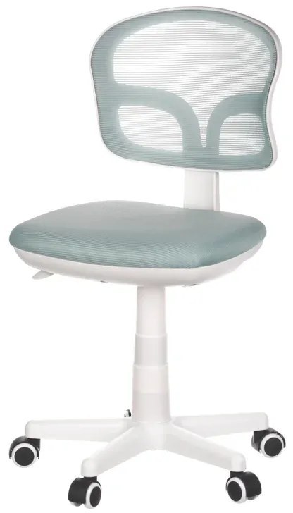 Dětská židle, modrá síťovina, bílý plastový kříž, kolečka na tvrdé podlahy