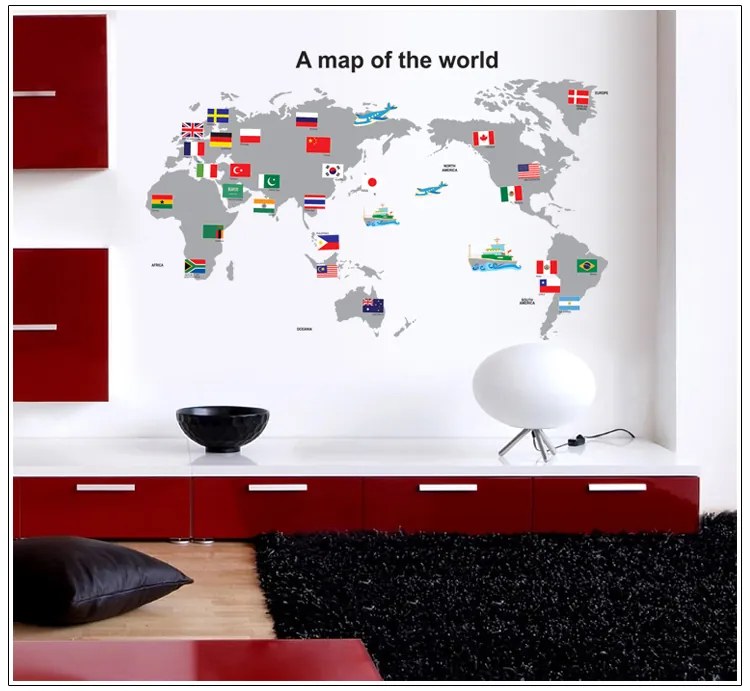 Veselá Stena Samolepka na stenu na stenu Mapa Sveta s vlajkami
