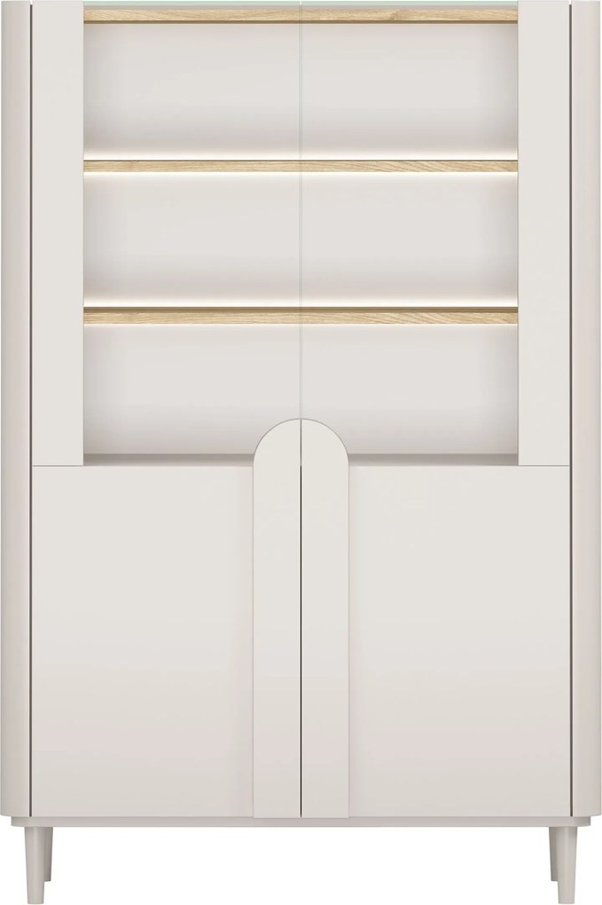 Vitrína Amilio 100 cm dvojdverová na nožičkách - kašmír / olejovaný dub / úchyty kašmír