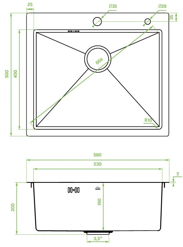 Laveo Malawi, 1-komorový nerezový drez 580x500x200 mm, zlatá matná, LAV-SLM_G10T