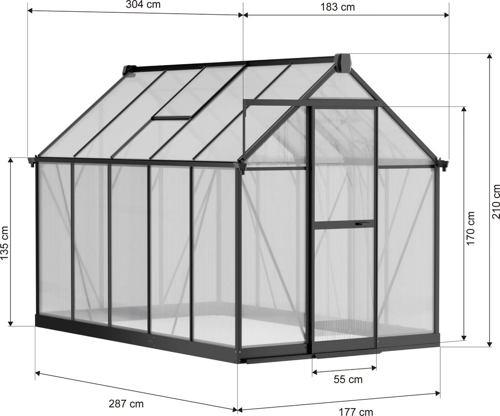 Skleník 210 x 183 x 304 cm, zosilnená konštrukcia, polykarbonát 6 mm