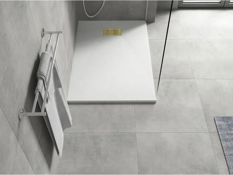 Mexen Hugo, obdĺžniková sprchová vanička SMC 90 x 70 cm, biela, zlatá krytka, 42107090-G