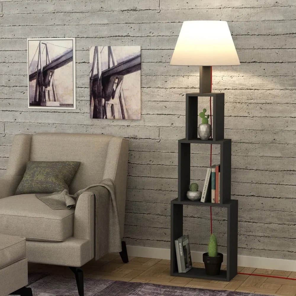 Antracitová voľne stojacia lampa so svetlosivým tienidlom Homitis Tower