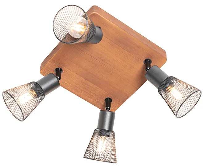 Priemyselné bodové svetlo čierne s drevom 4-svetlo - Kristina