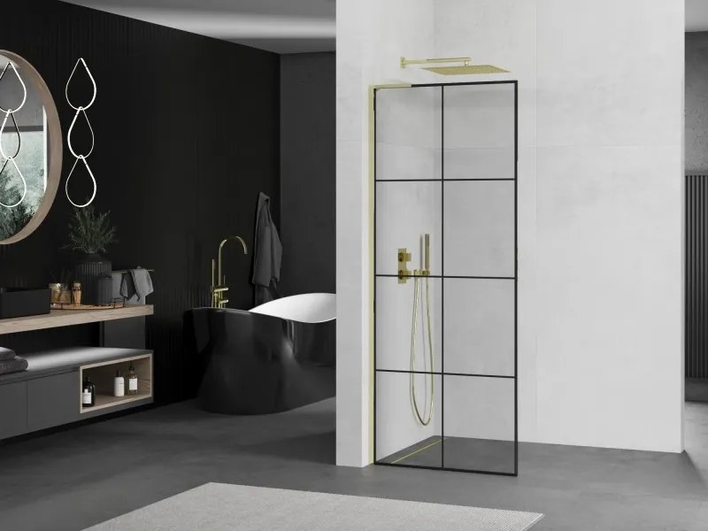 Mexen Kioto L, sprchová zástena Walk-In 70 x 200 cm, 8mm číre sklo čierny vzor, zlatý lesklý profil,800-070-103-50-77