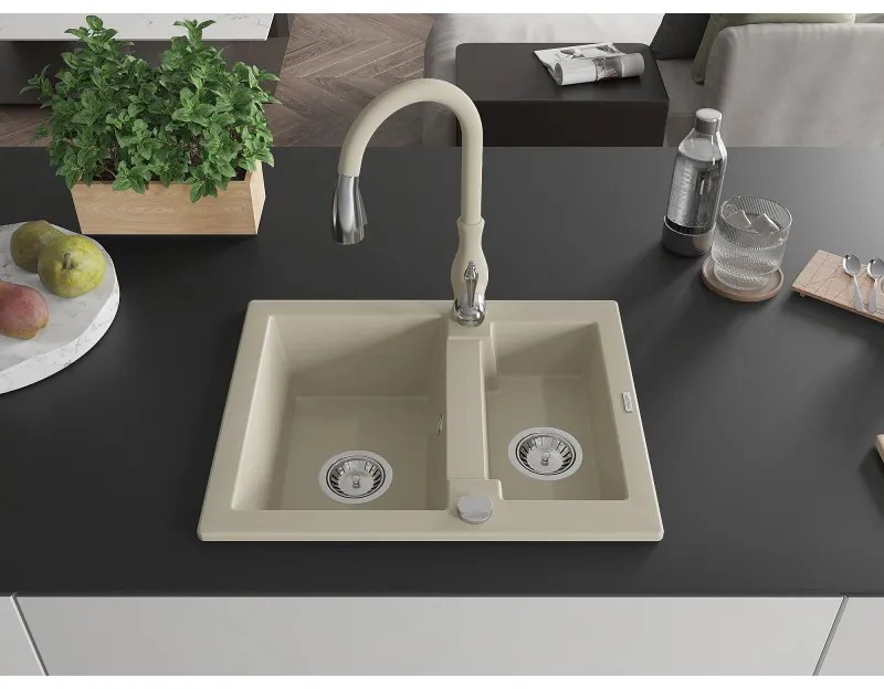 Mexen Carlos, 1,5-komorový granitový drez 582x475x177 mm a drezová batéria Savita, béžová, 6518-69-672601-69