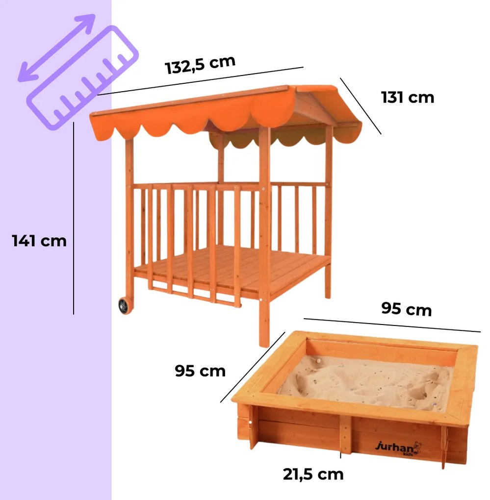 Pieskovisko s verandou HAPPY, 130x130x143cm, hnedá/oranžová Jurhan