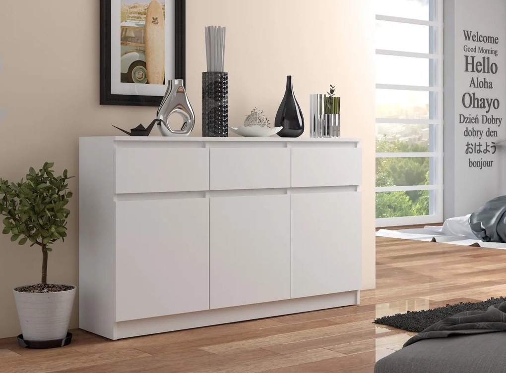 Komoda Karolína 140 cm 3 skrinky a 3 zásuvky biela
