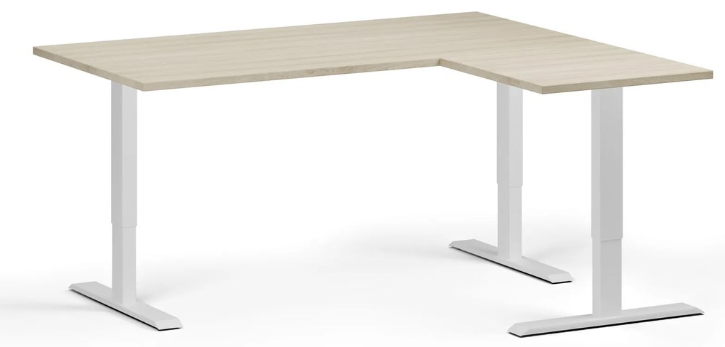 Rohový výškovo nastaviteľný stôl, 160x140 cm, 3 motory, L/P, biela podnož, dub prírodný