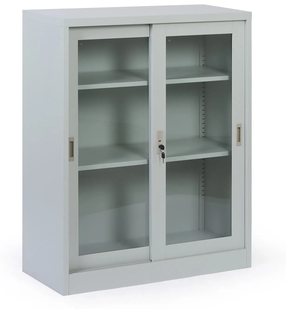 Kovová policová skriňa s presklenými posuvnými dverami, demontovaná, 900 x 1150 x 400 mm
