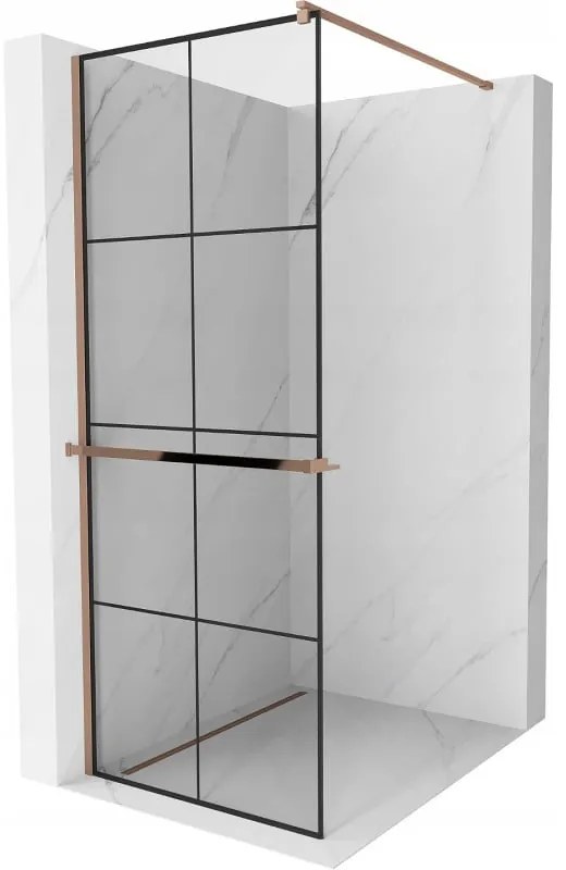 Mexen Kioto, sprchová zástena s poličkou a držiakom na uteráky 70 x 200 cm, 8mm číre sklo s čiernym vzorom, profil ružové zlato, 800-070-121-60-77