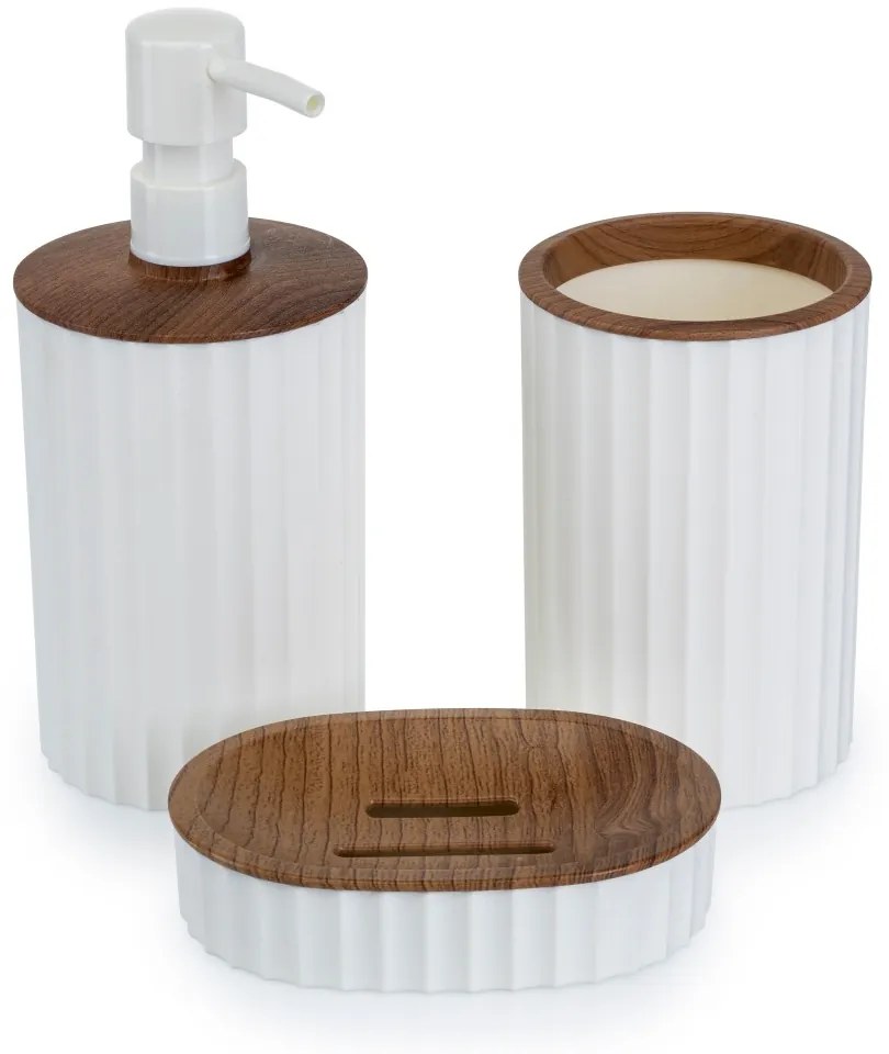 Sada kúpeľňových doplnkov Roza biela/s povrchovou úpravou v dekore dreva