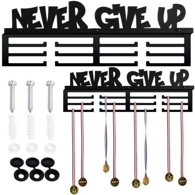 Nástenný vešiak na medaily NEVER GIVE UP čierny