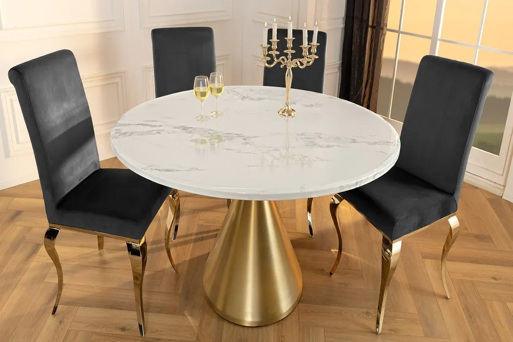 Jedálenský stôl ELEGANCIA 130 cm okrúhly rám so zlatým bielym mramorovým vzhľadom